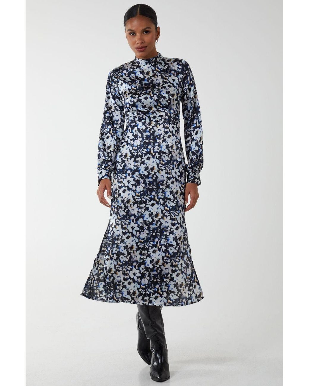 Blue Vanilla Blue Floral Print High Neck Dress
