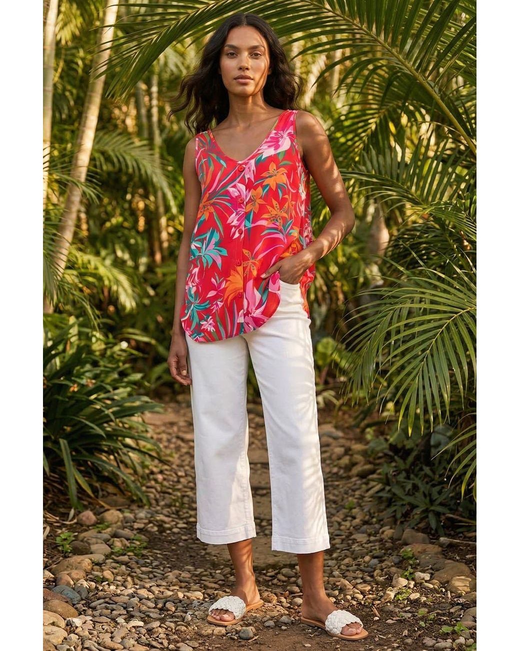 Roman Green Tropical Print V-Neck Button Cami Top