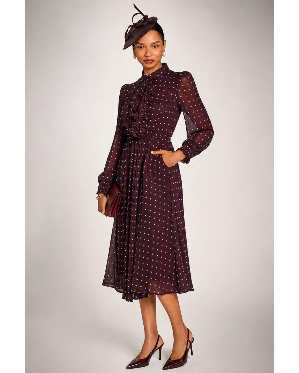 Jolie Moi Red Chiffon Print Ruffled Shirt Dress