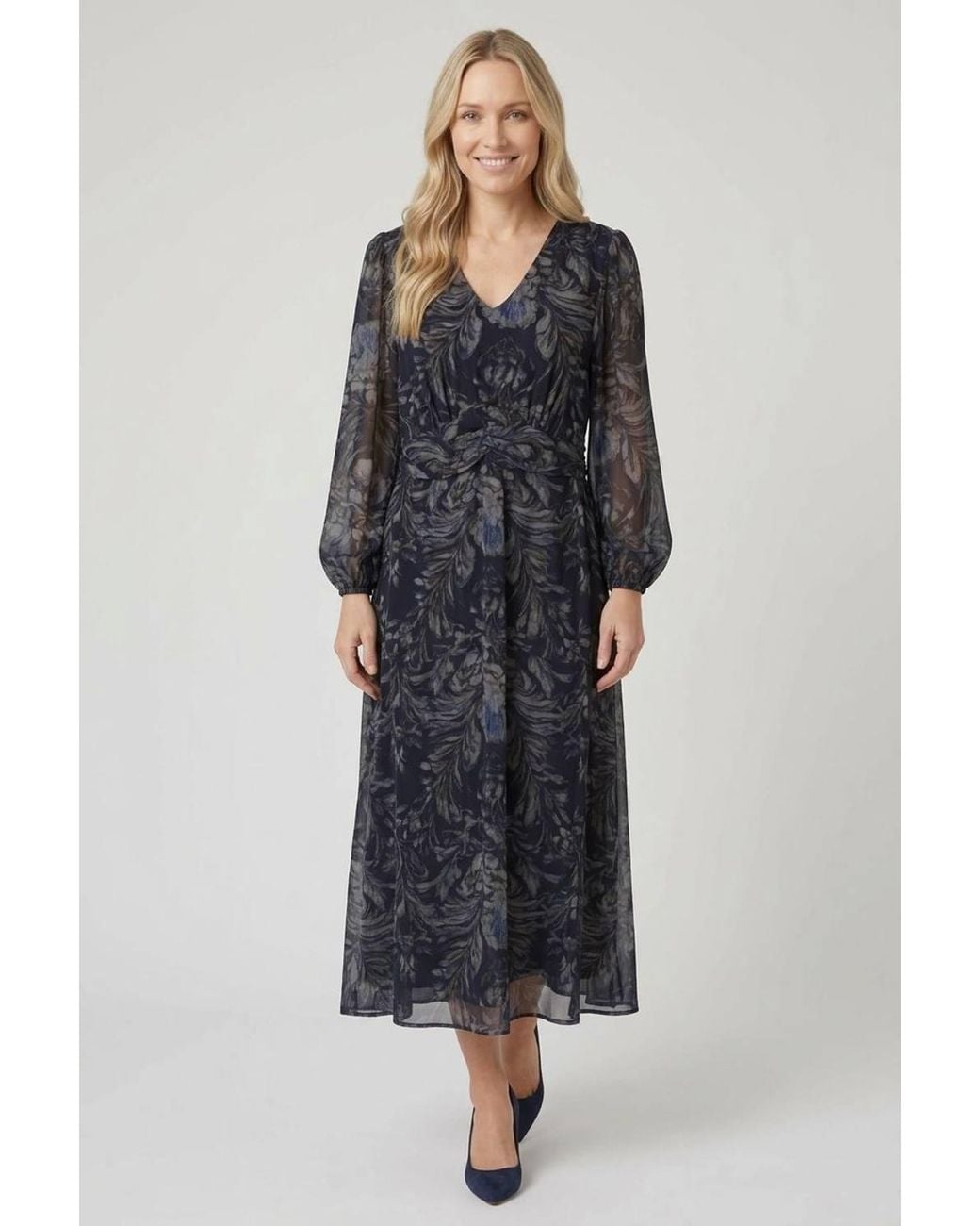 Izabel London Black Floral Layered Long Sleeve Midi Dress