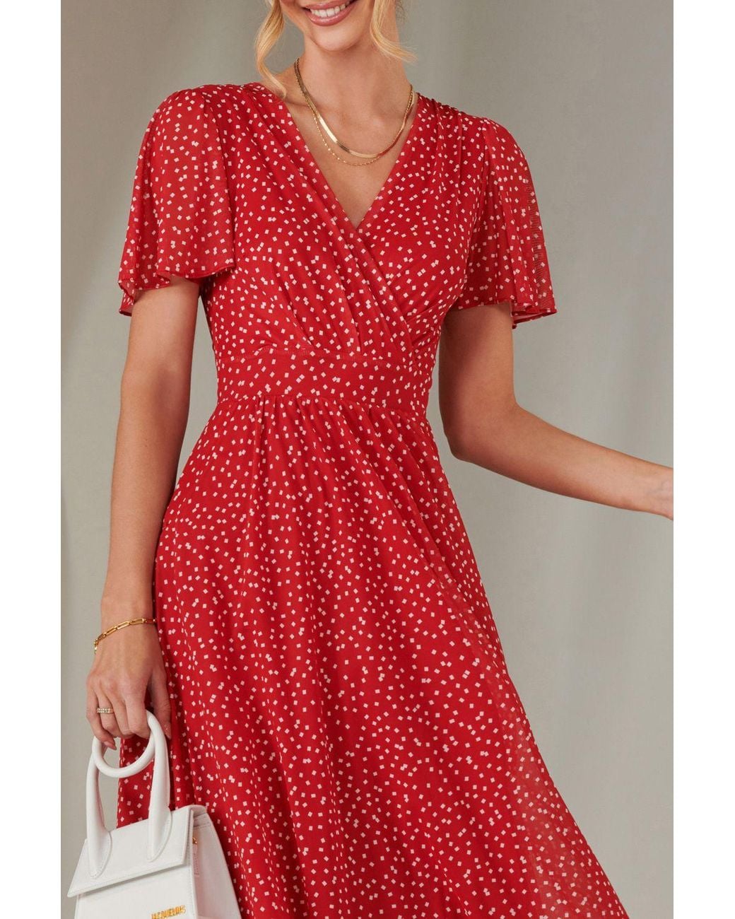 Jolie Moi Red Angel Sleeve Wrap Bodice Mesh Maxi Dress