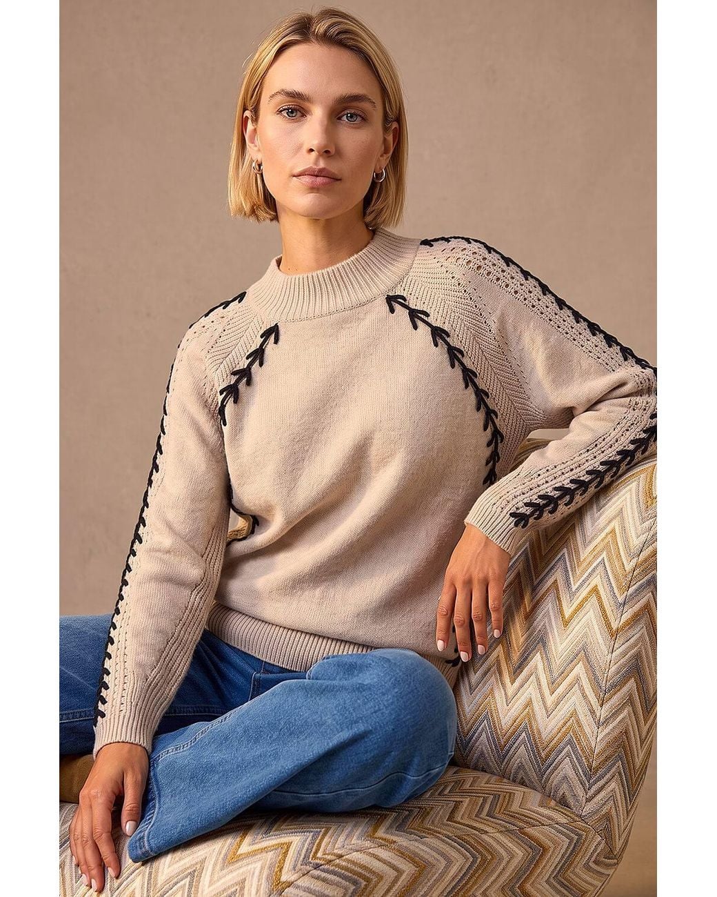 Roman Blue Blanket Stitch Knit Jumper