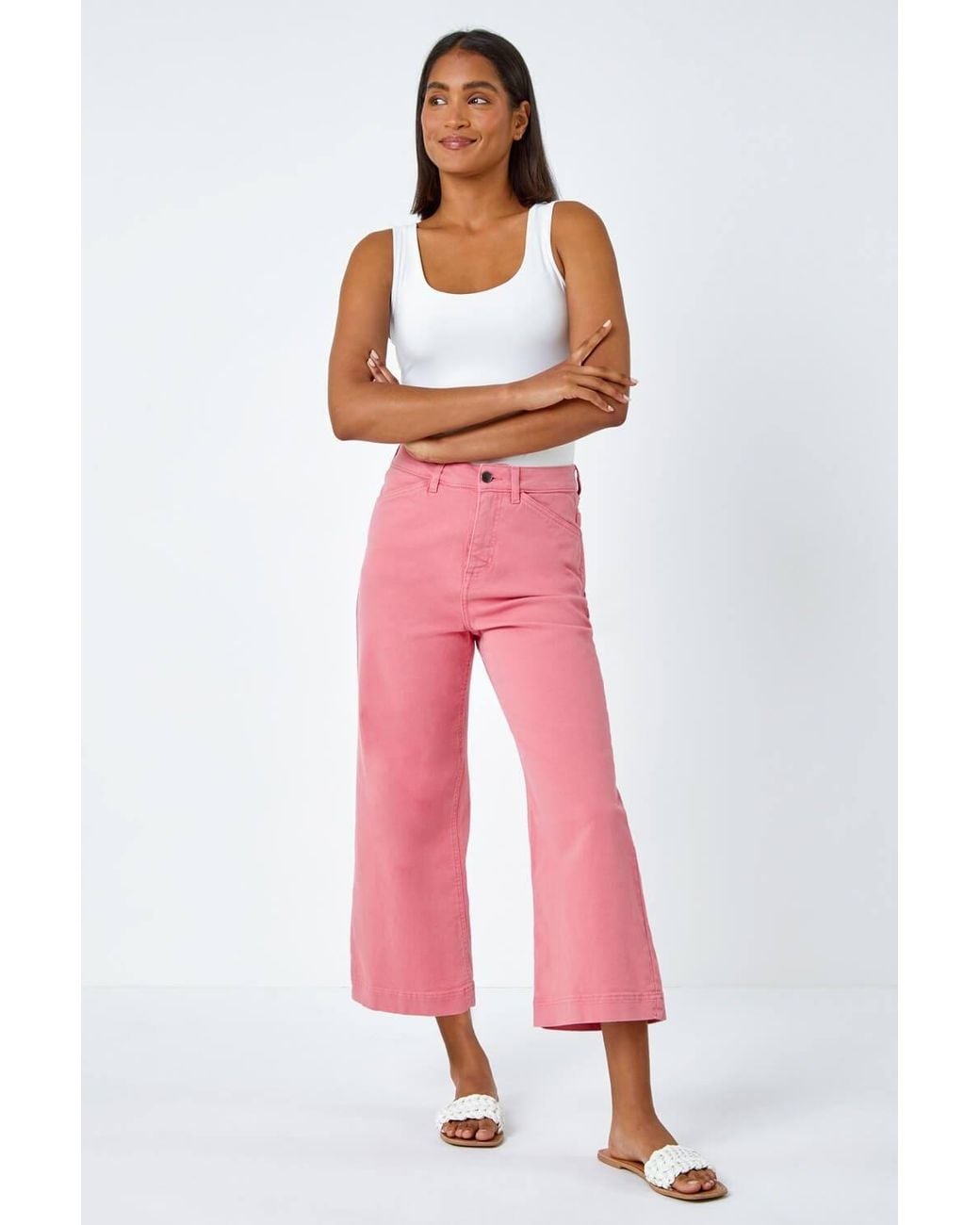 Roman Pink Wide Leg Stretch Denim Cropped Culottes