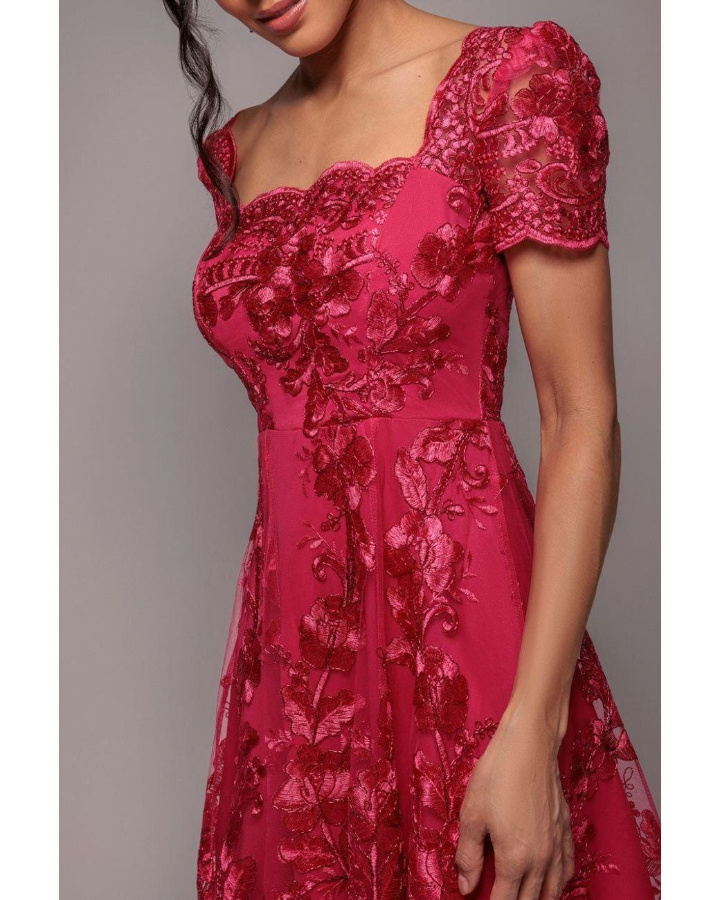 Goddiva Scalloped Neck Embroidered Lace High Low Midi Dress