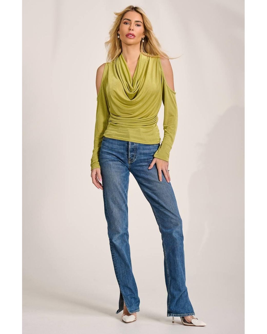 Jolie Moi Yellow Cowl Neckline Cold Shoulder Jersey Top