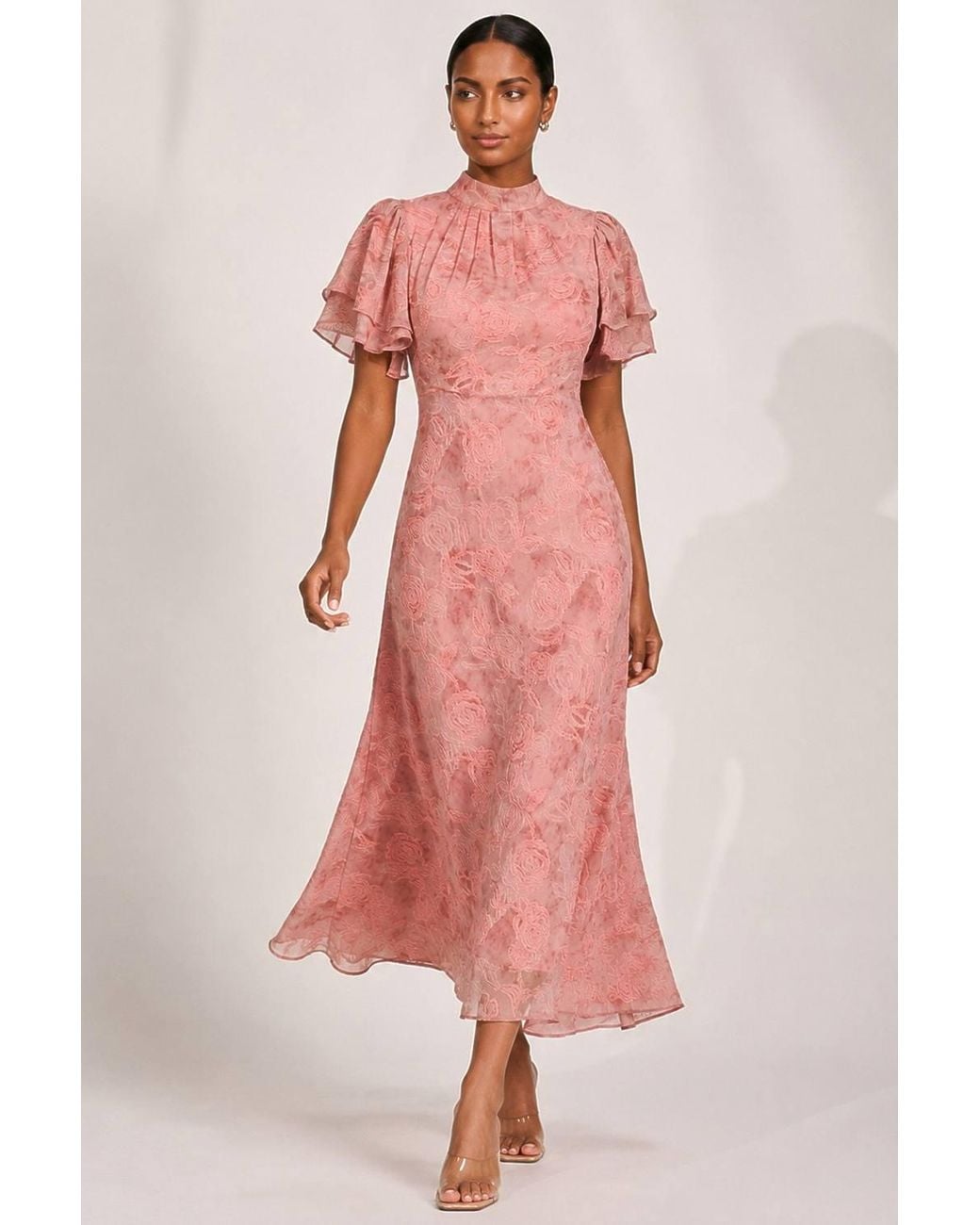 Jolie Moi Pink High Neck Angel Sleeve Chiffon Maxi Dress