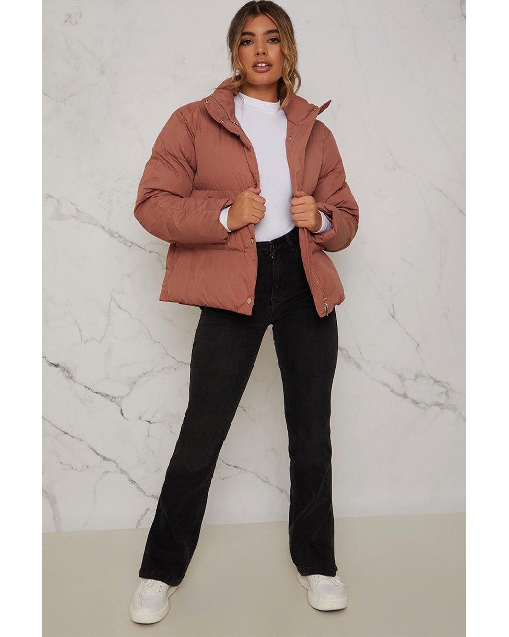 Chi Chi London Brown Cropped Padded Puffer Coat