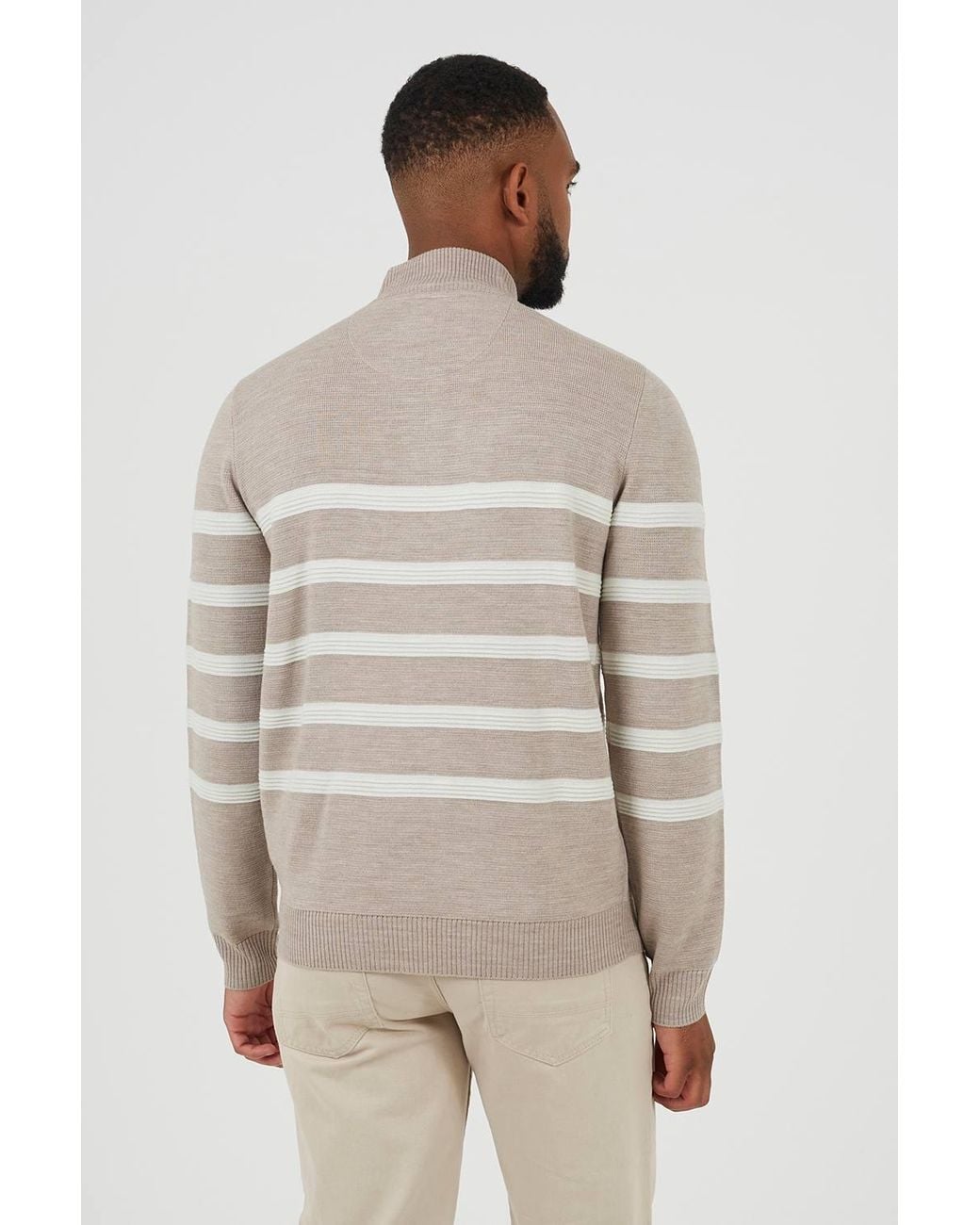 Brave Soul Natural Quarter Zip Stripe Knitted Jumper for men