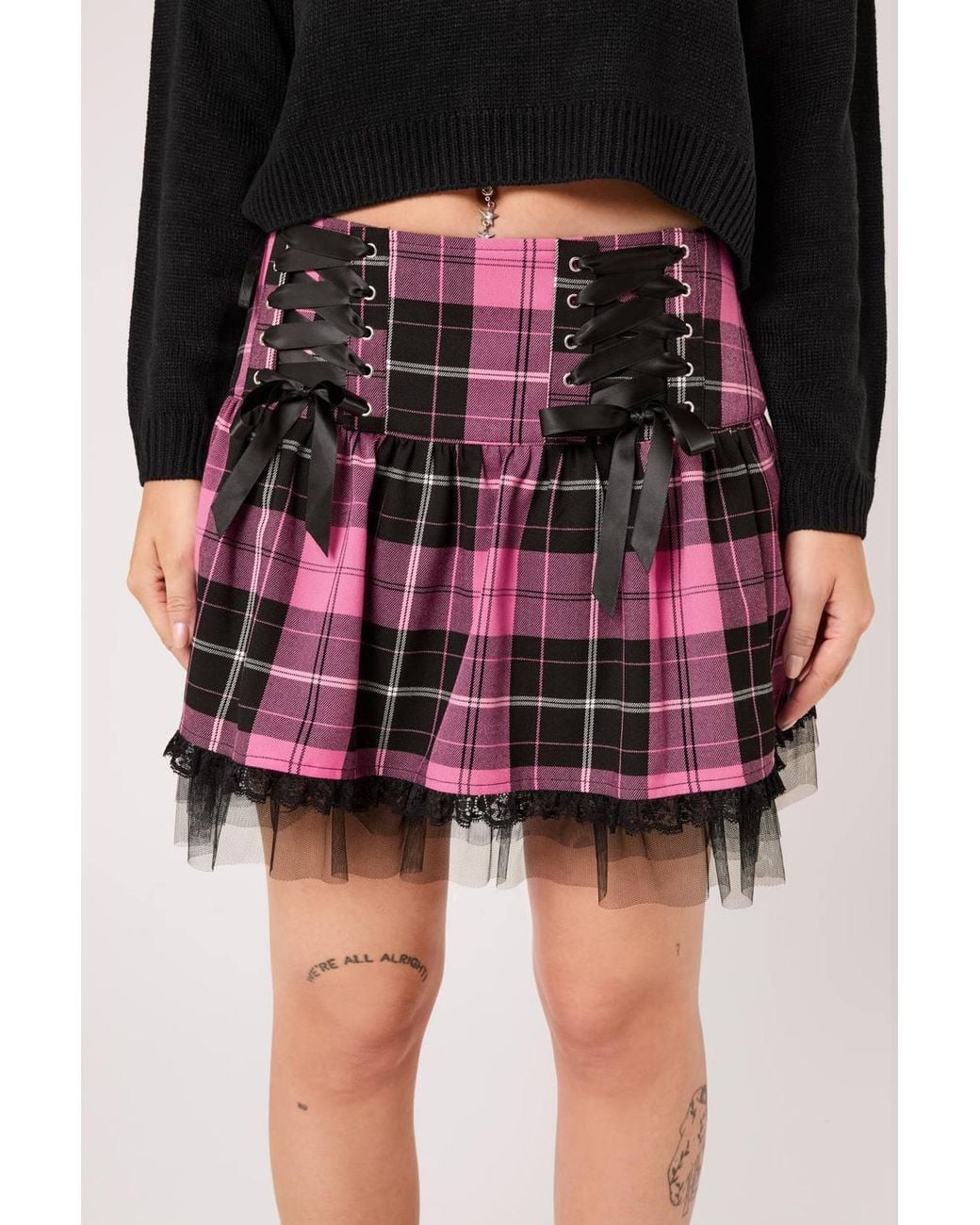 Hell Bunny Black Quinzel Tartan Lace Up Eyelet Ribbon Tulle Trim Mini Skirt