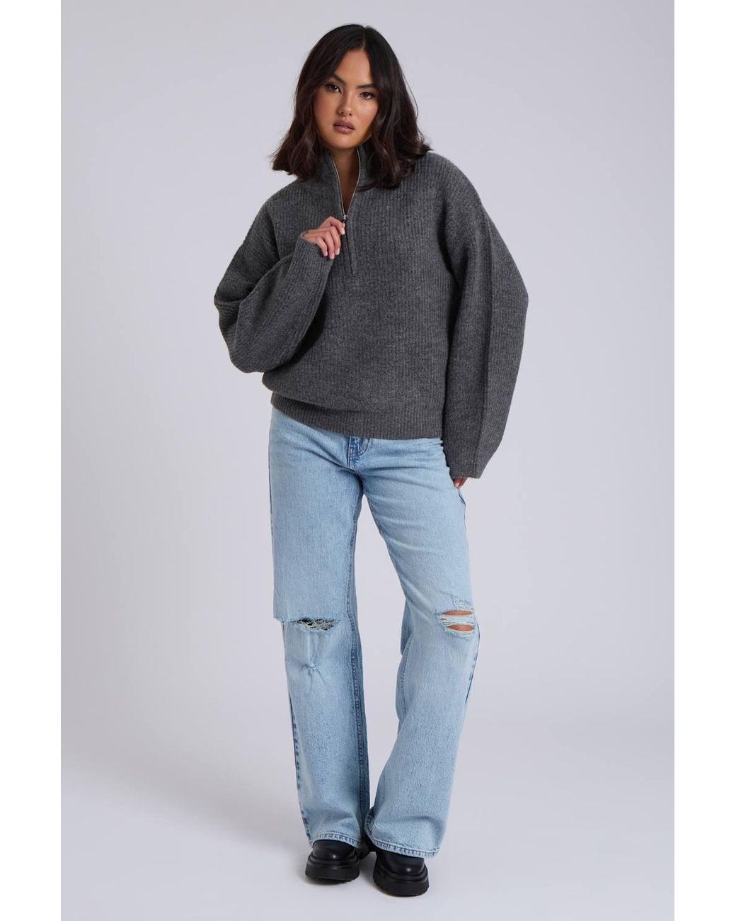Urban Bliss Blue Ribbed Oversized Half Zip Jumper