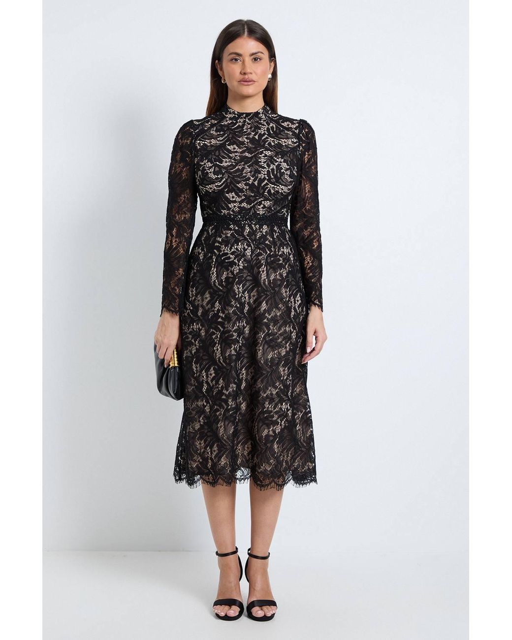 Wallis Black Lace Trim Fit & Flare Midi Dress