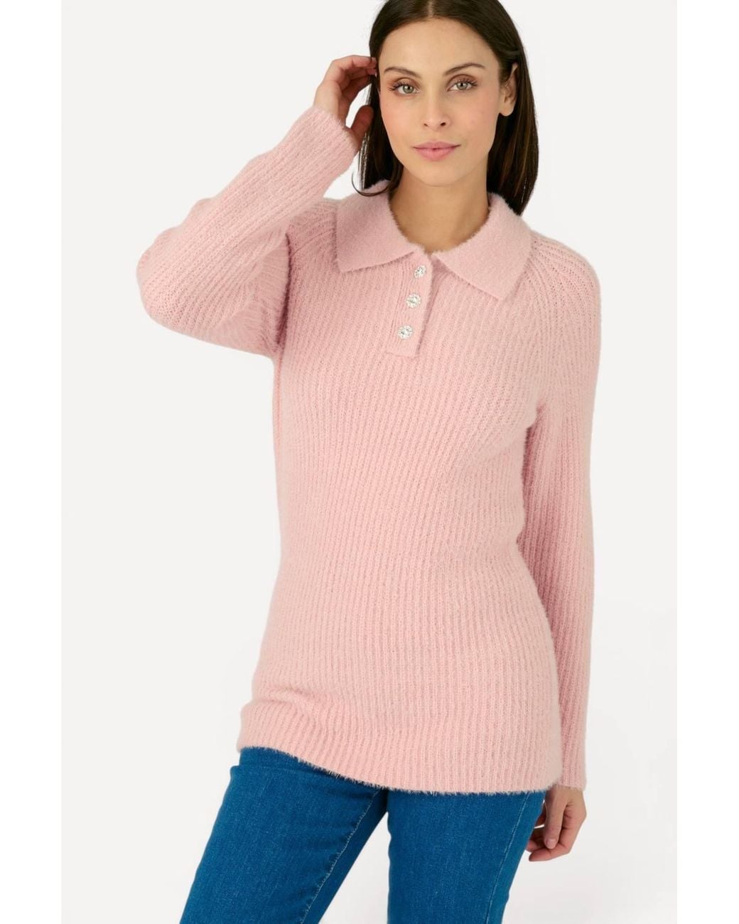DAMART Pink Cosy Soft-Knit Long Sleeved Polo Collar Jumper With Jewelled Buttons