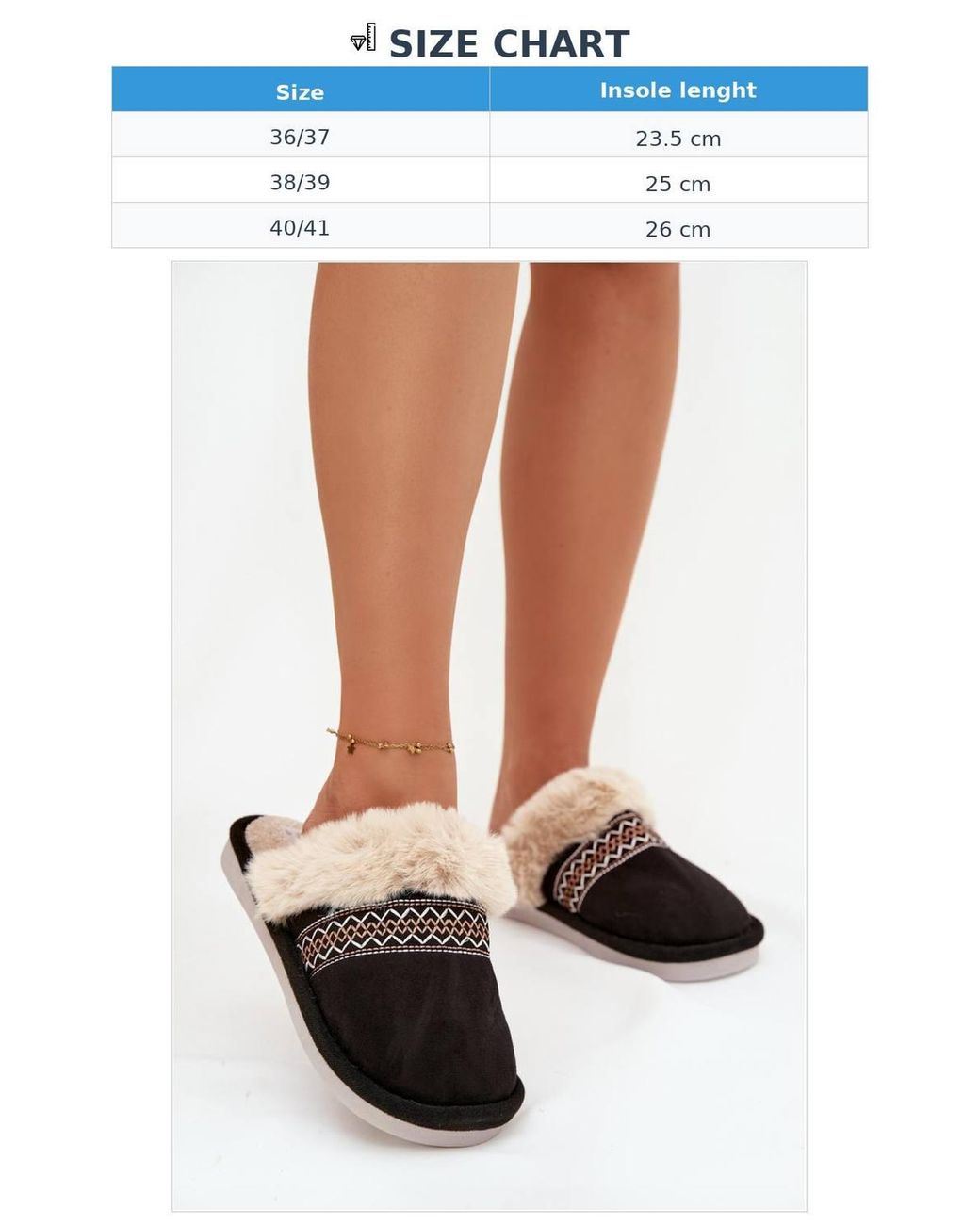 Love Lace Black Cozy Soft Fabric Slippers With Faux Fur & Embroidery Detail