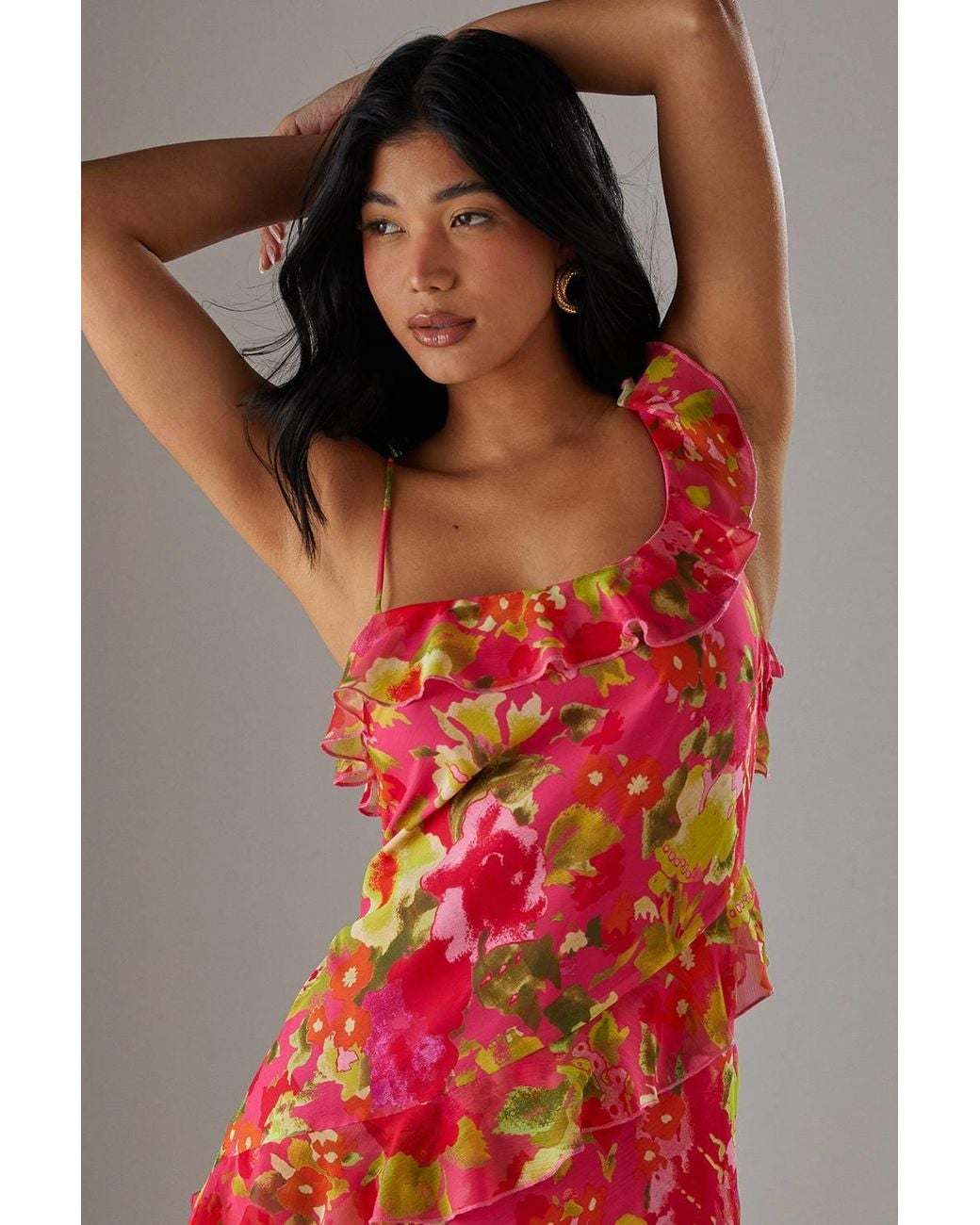 Warehouse Red Chiffon Asymmetric Hem Ruffle Midi Slip Dress