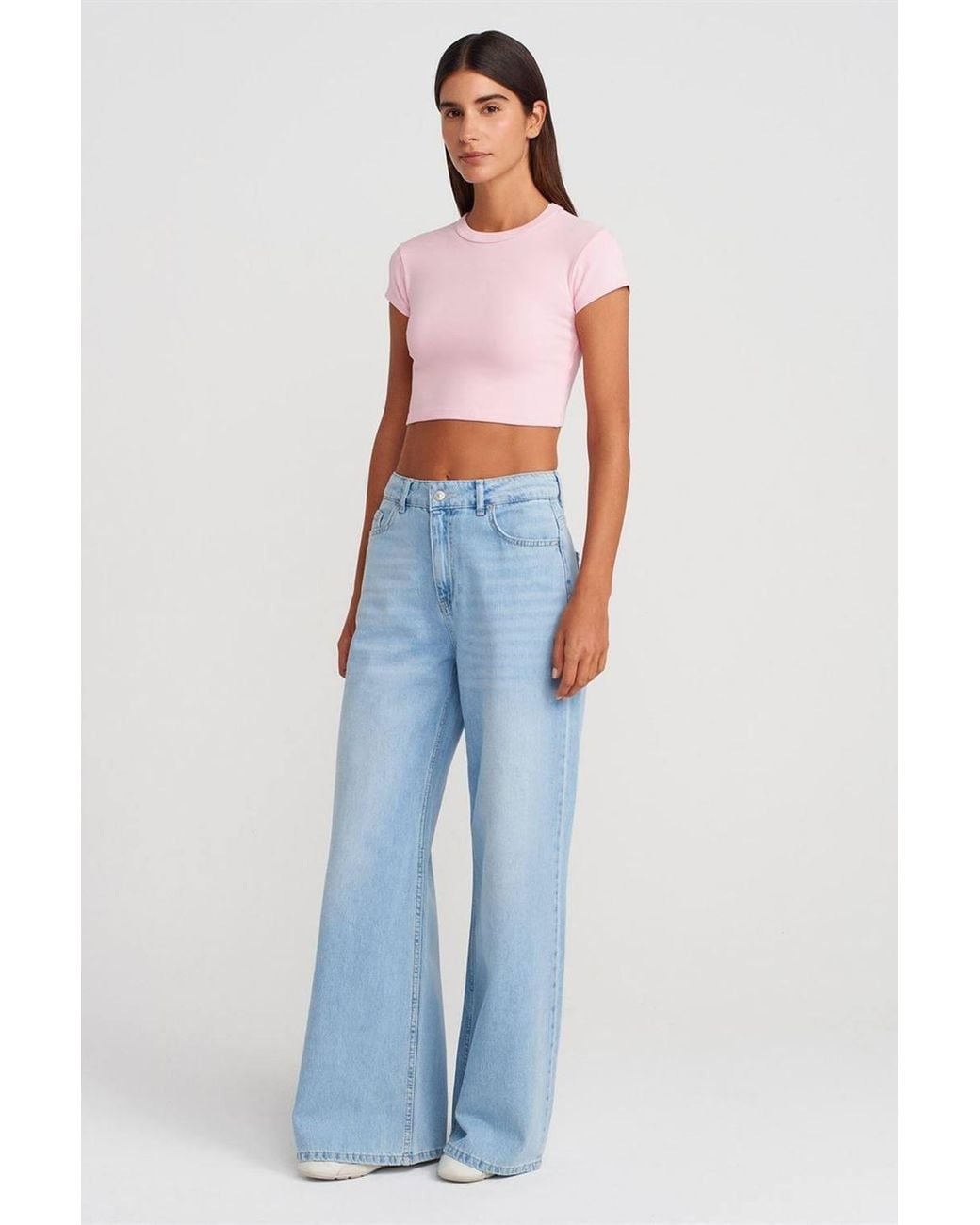 Dilvin Natural Slim Fit Crop Crew Neck T-Shirt
