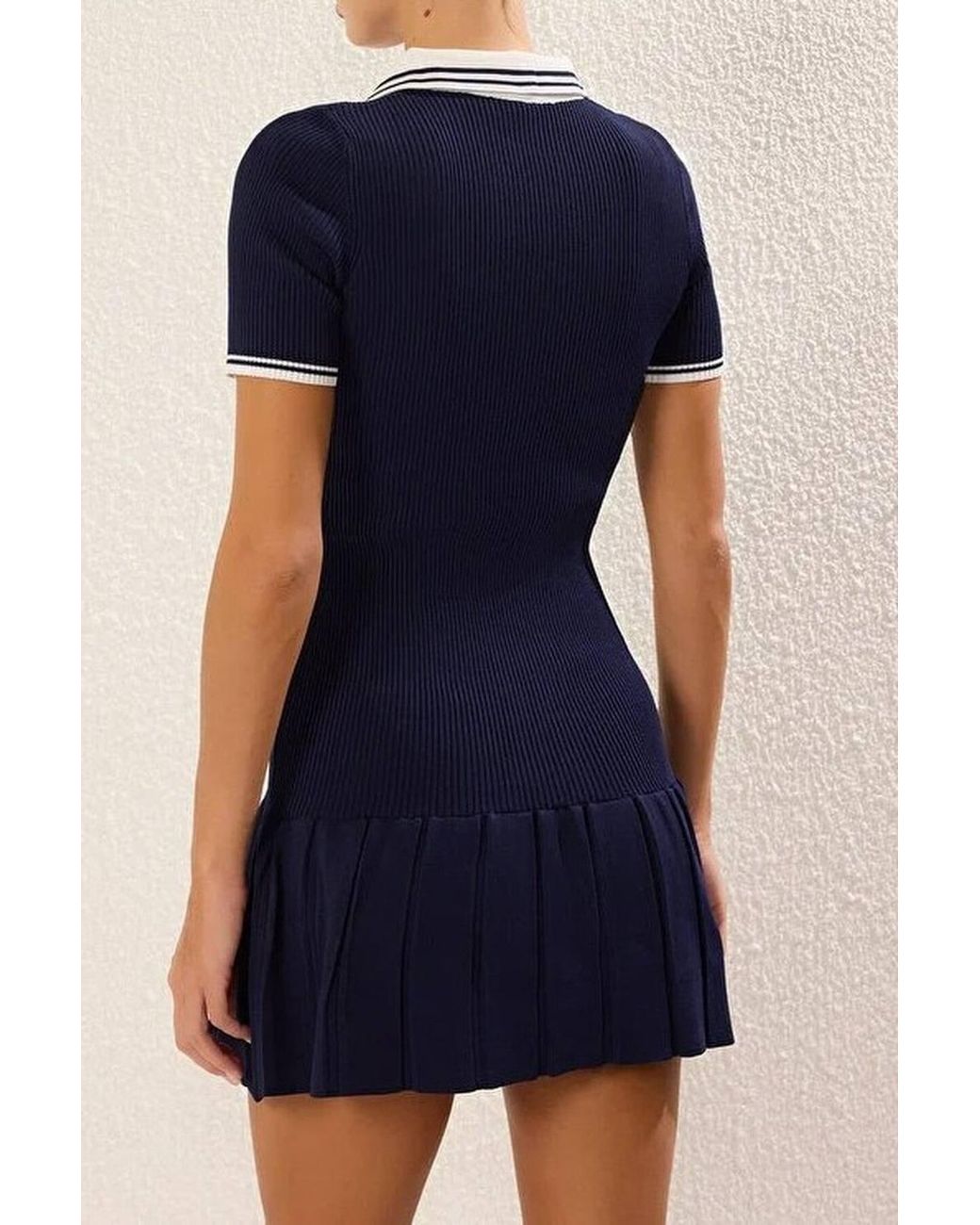 WOVCOR Blue Ribbed Collared Pleated Mini Knit Dress