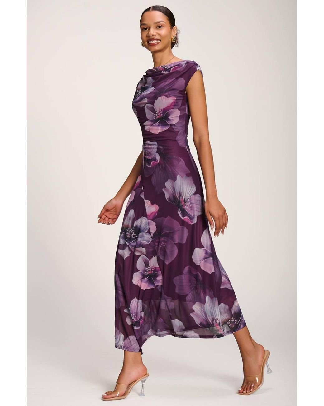 Jolie Moi Purple Asymmetric Draped Mesh Maxi Dress