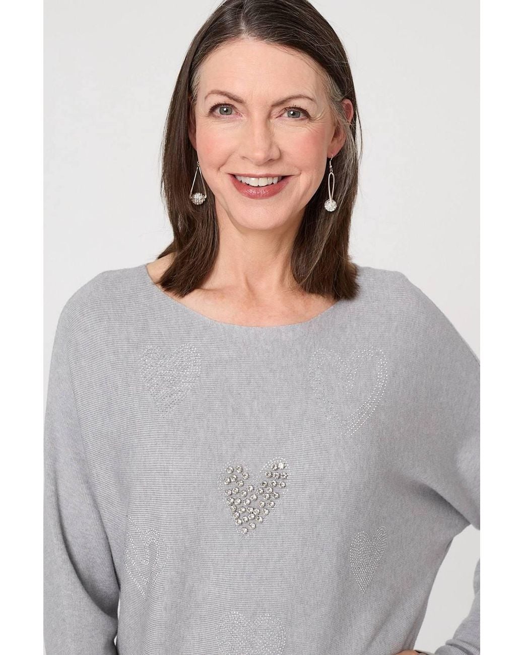 Izabel London Gray Sparkly Heart Print Long Sleeve Jumper