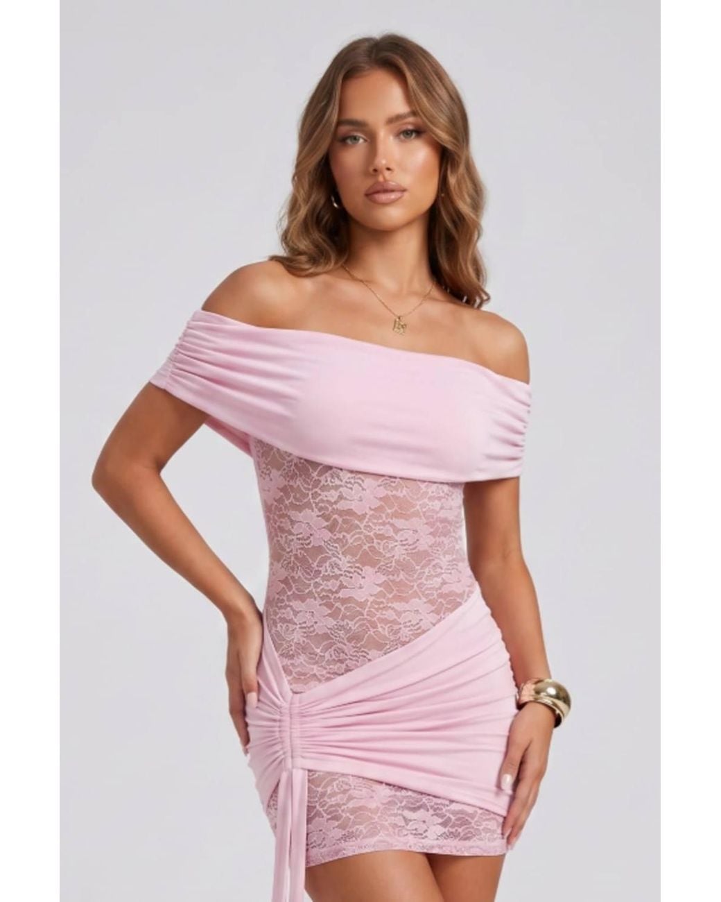 Stylewise Pink Off-Shoulder Lace Drape Detail Mini Dress