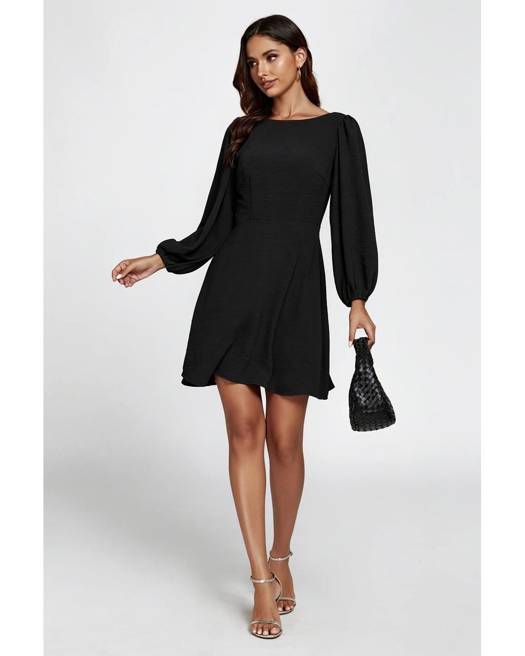 FS Collection Black Long Sleeve Back V Neck Skater Mini Dress