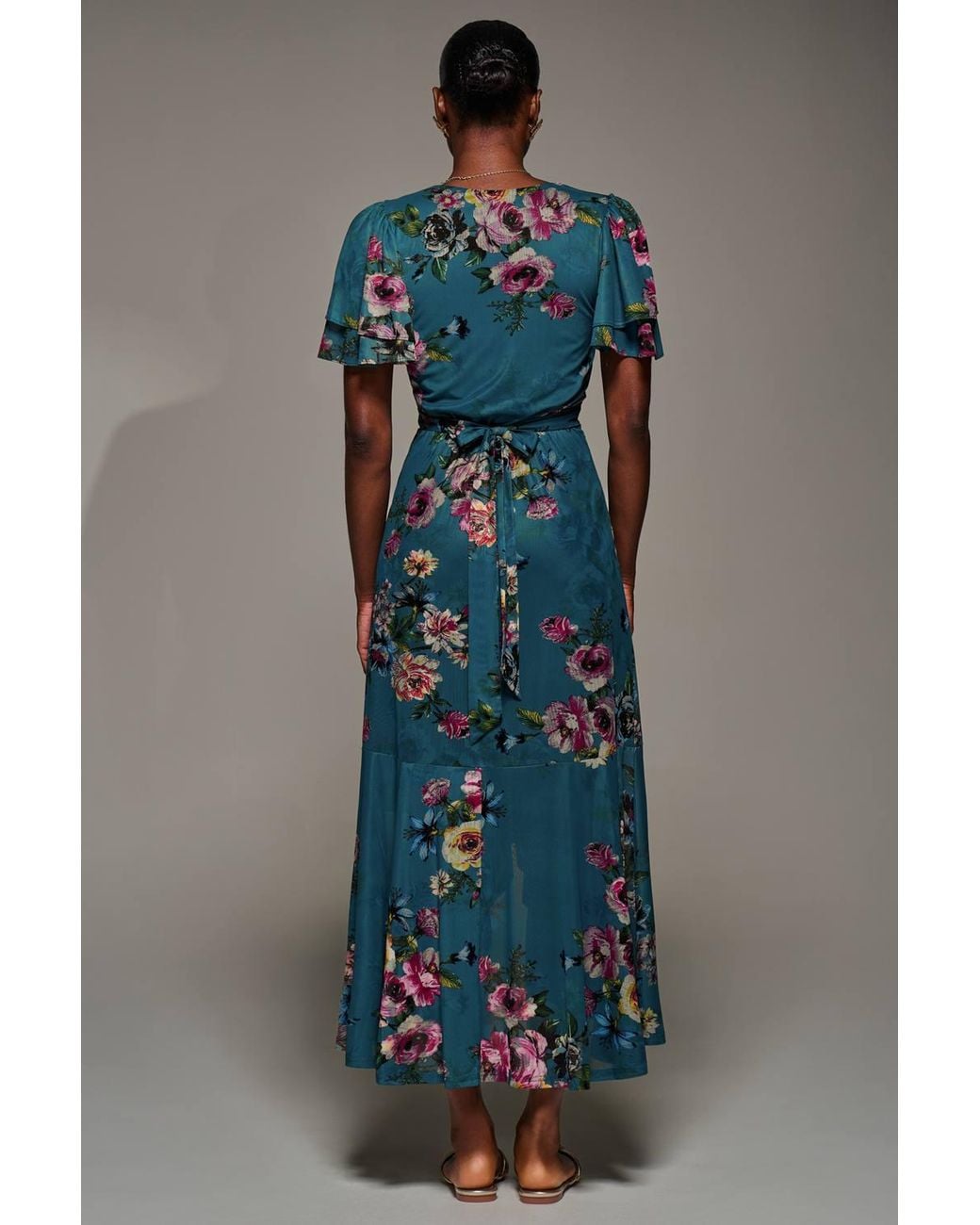 Jolie Moi Blue Angel Sleeve Mesh Frill Wrap Maxi Dress