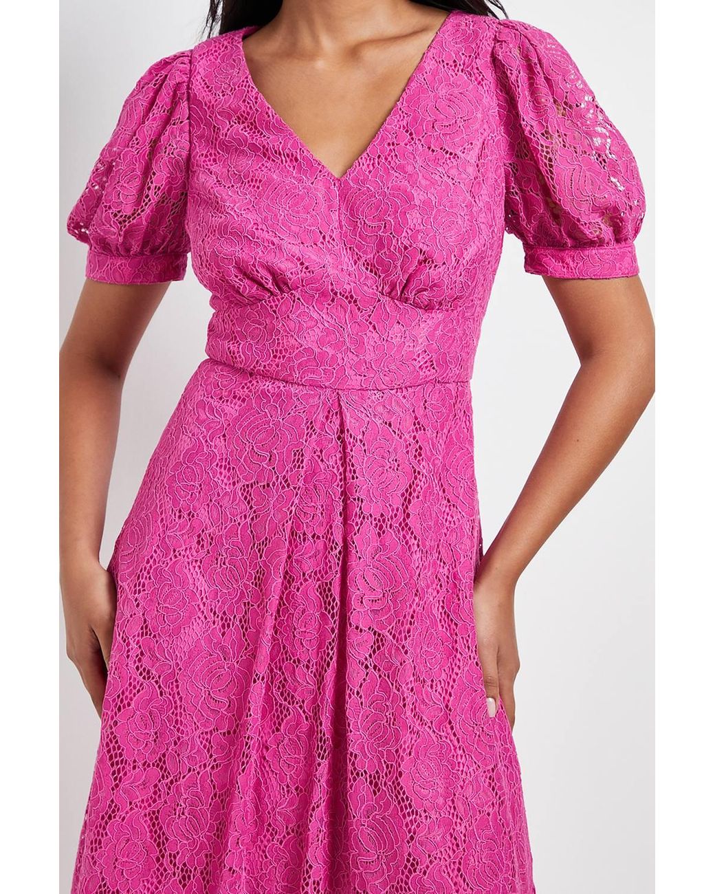 Wallis Pink Petite Lace V Neck Tea Midi Dress