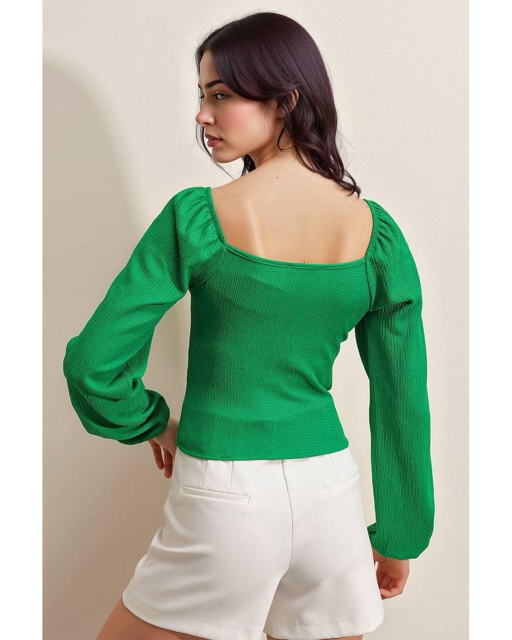 Bigdart Green Fitted Textured Blouse With Square Collar & Ruffle Detail