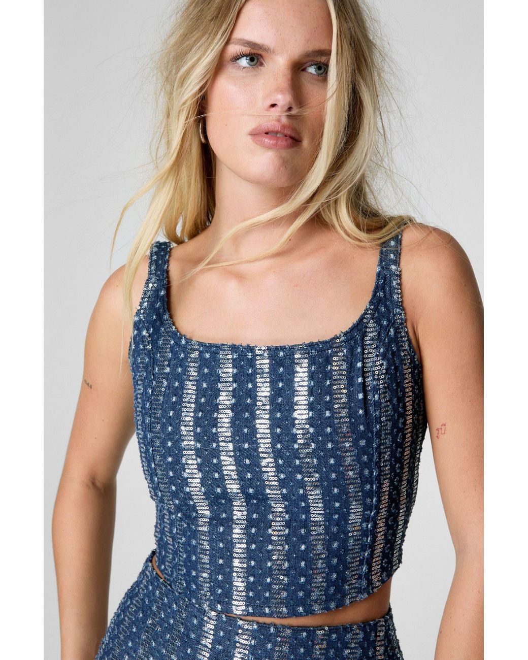 Nasty Gal Blue Sequin Denim Corset Top