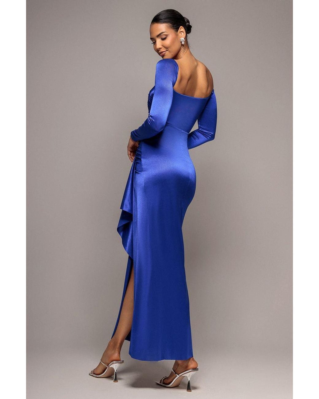 Goddiva Blue Slinky Satin One Shoulder Split Maxi Dress