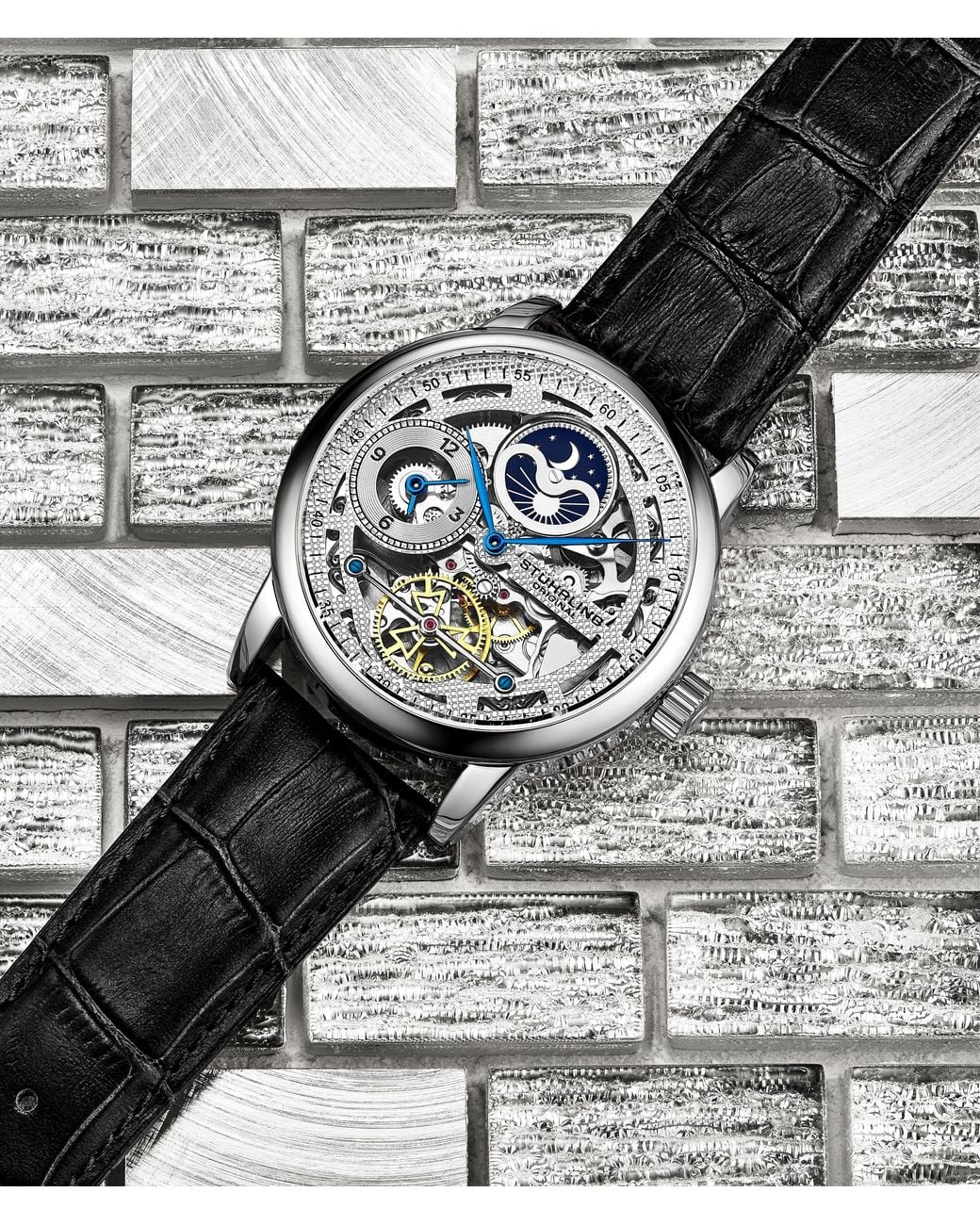 Stuhrling Black Stuhrling 3917 Automatic Skeleton Watch Dual Time Subdial, Am/Pm Indicator, & Alligator-Embossed Leather Strap For for men