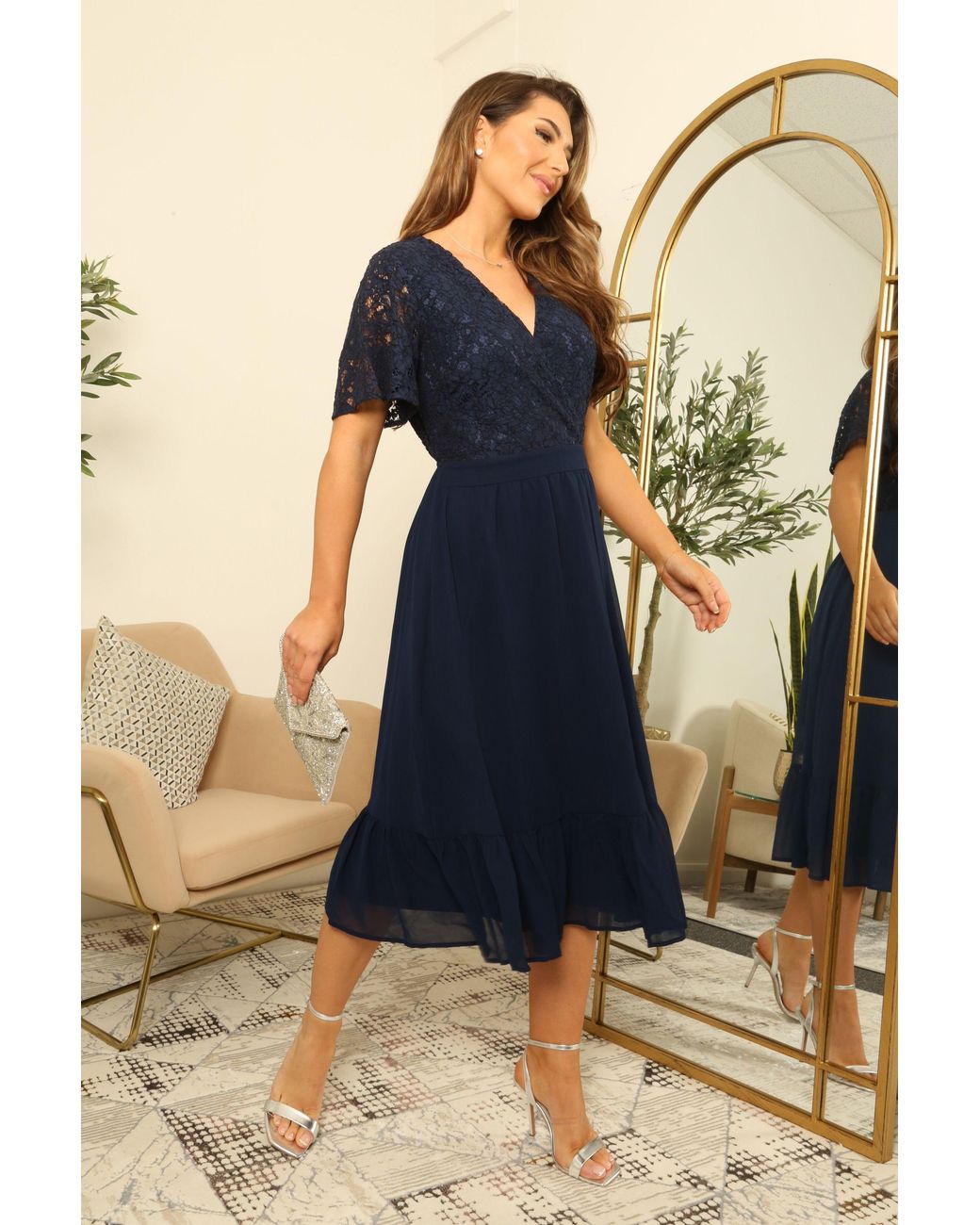 Double Second Blue Lace Wrap Top Midi Tiered Dress