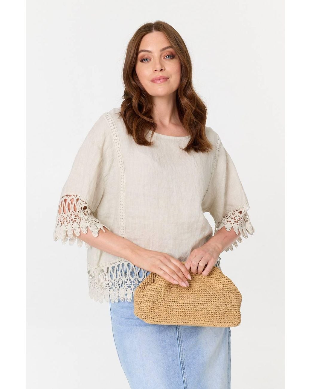 Izabel London White Lace Trim Relaxed 3/4 Sleeve Blouse