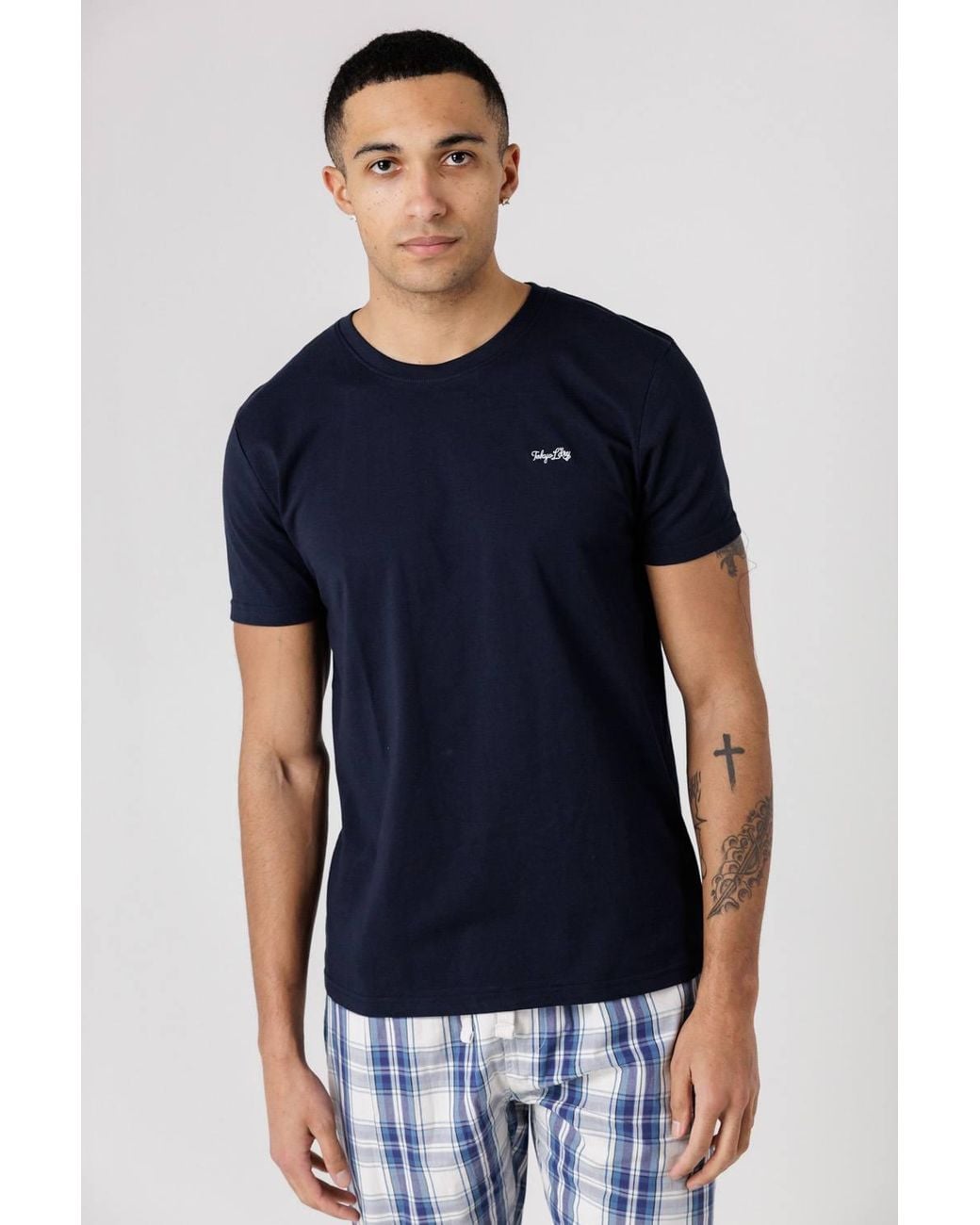 Tokyo Laundry Blue Crew Neck T-Shirt & Checked Shorts Pyjama Set for men