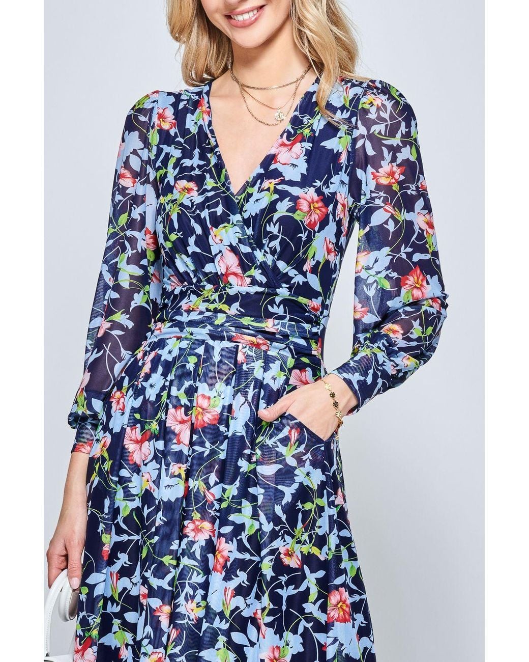 Jolie Moi Blue Floral Long Sleeve Mesh Midi Dress