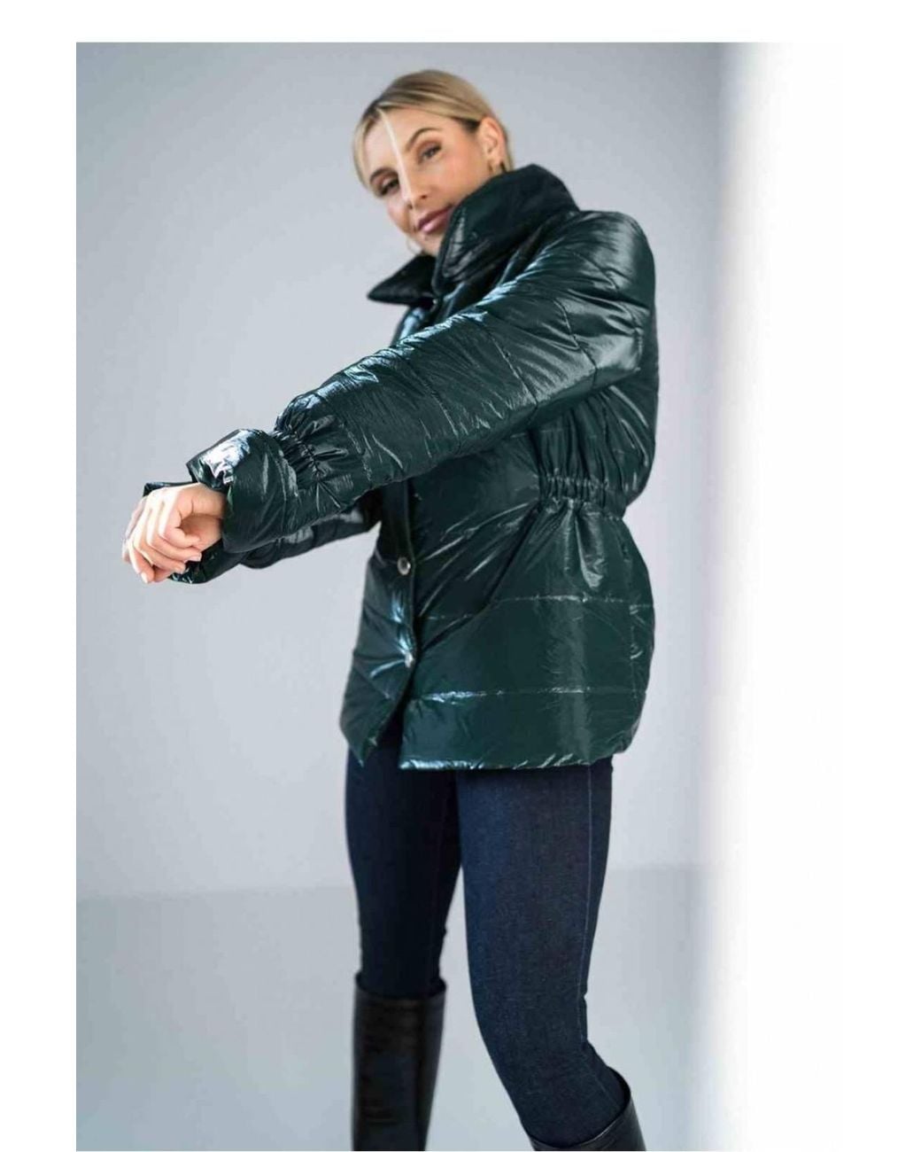 Love Lace Blue Shiny Quilted High Collar Hip Jacket