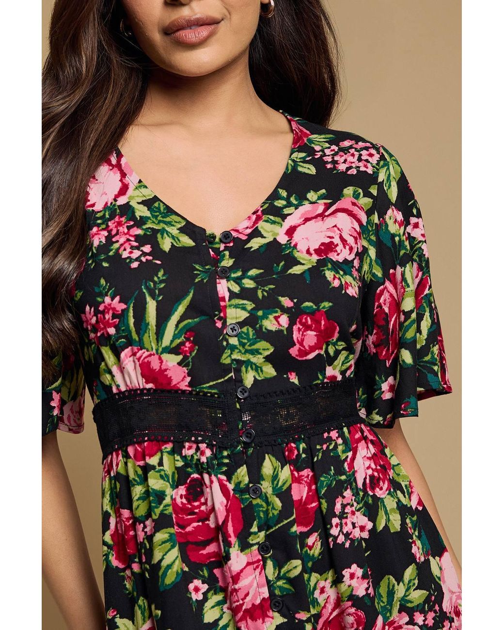 Dorothy Perkins Brown Petite Floral Lace Trim Button Detail Angel Sleeve Printed Midi Dress