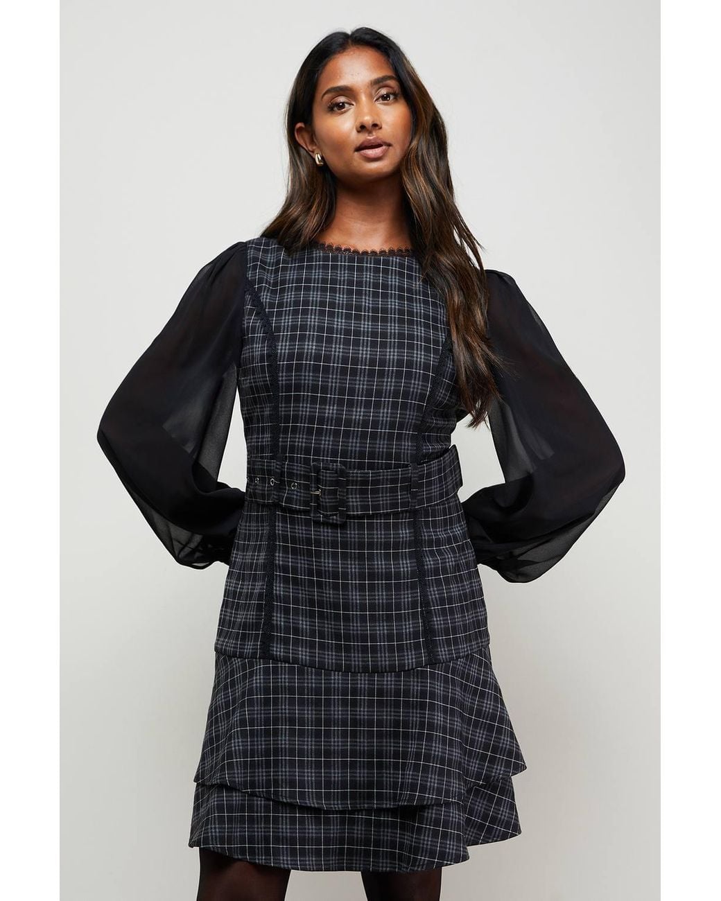 Oasis Blue Checked Belted Balloon Sleeve Flippy Mini Dress