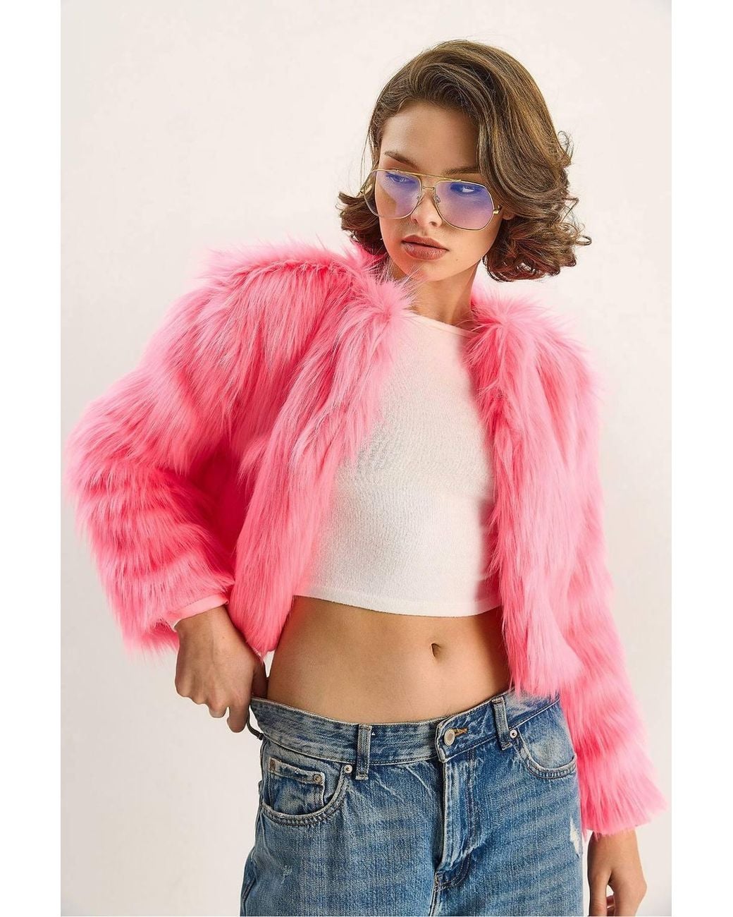 Bianco Lucci Red Boxy Crop Faux Fur Coat