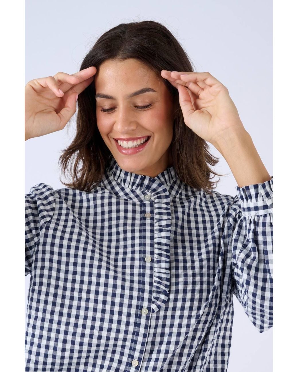 DAMART Blue Cotton Gingham Seersucker Cotton Blouse