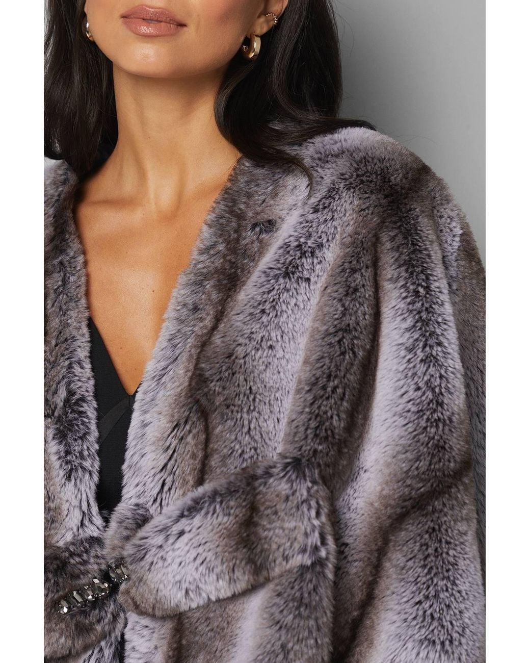 Wallis Gray Cropped Embellished Faux Fur Cape