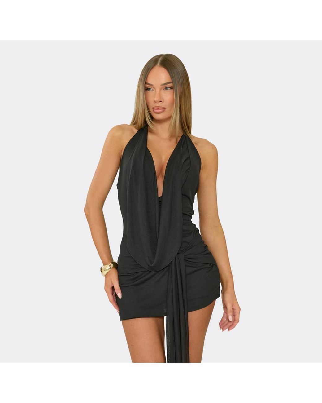 EGO Black Sleeveless Drape Mini Dress