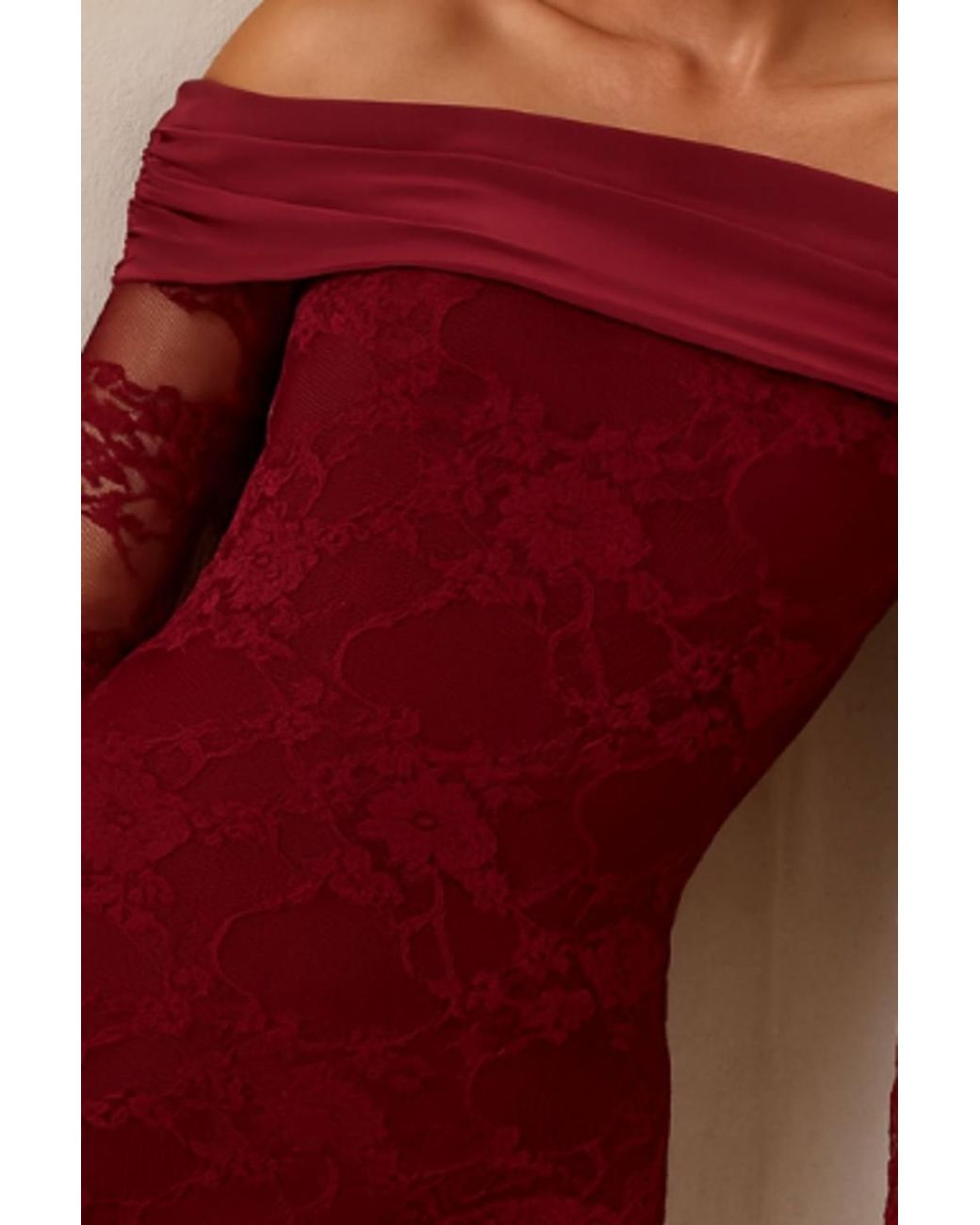 Stylewise Red Lace Detail Off-Shoulder Long Sleeve Playsuit