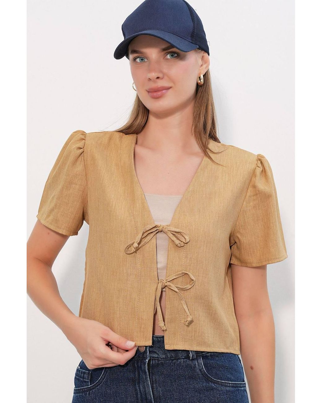 Bigdart Natural Textured V-Neck Linen Blend Crop Top