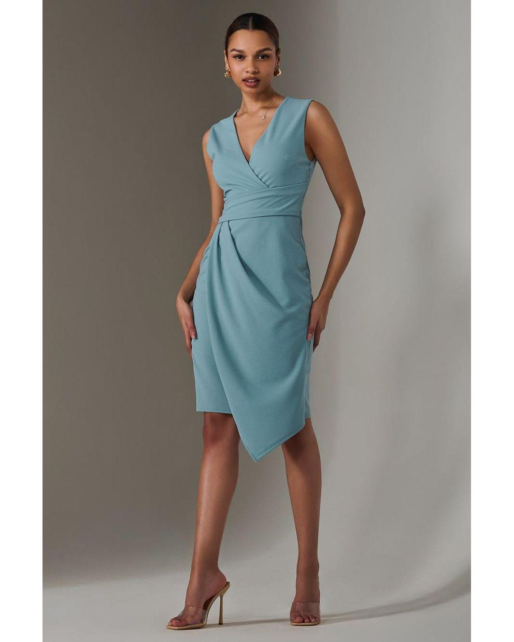 Jolie Moi Blue Sleeveless Wrap Front Midi Dress