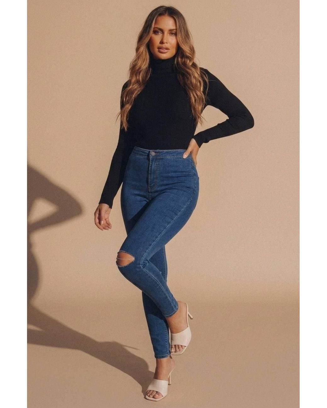 Femme Luxe Blue High Waisted Skinny Jeans With Rip Detail