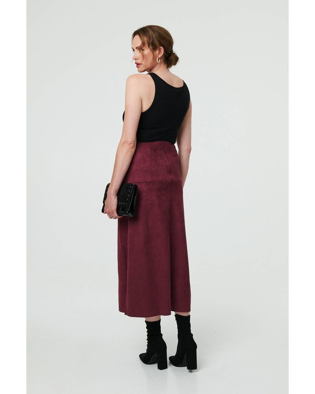 Izabel London Red Faux Suede A-Line High Waist Midi Skirt