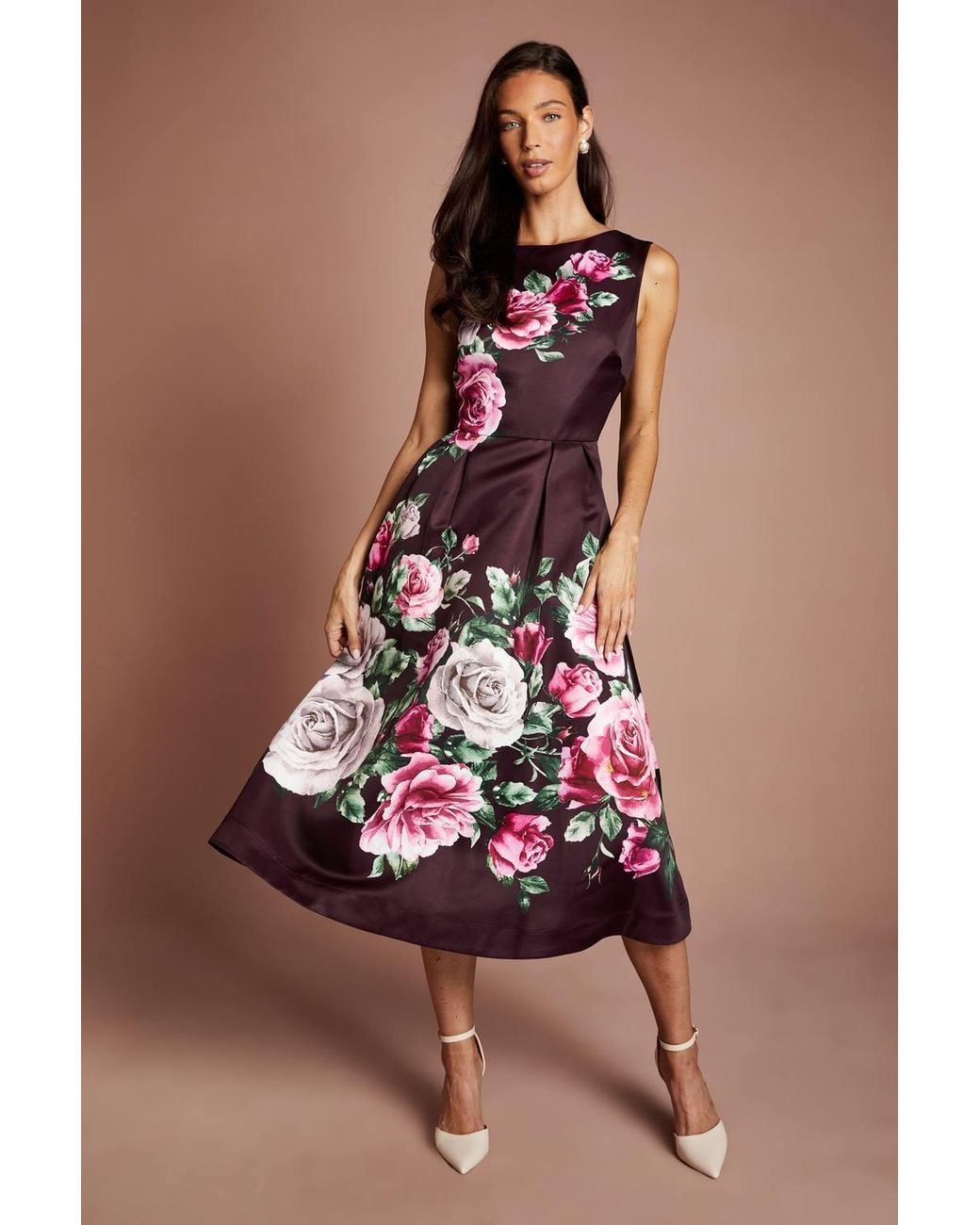 Coast Pocket Structured Satin Placement Print Midi Dress