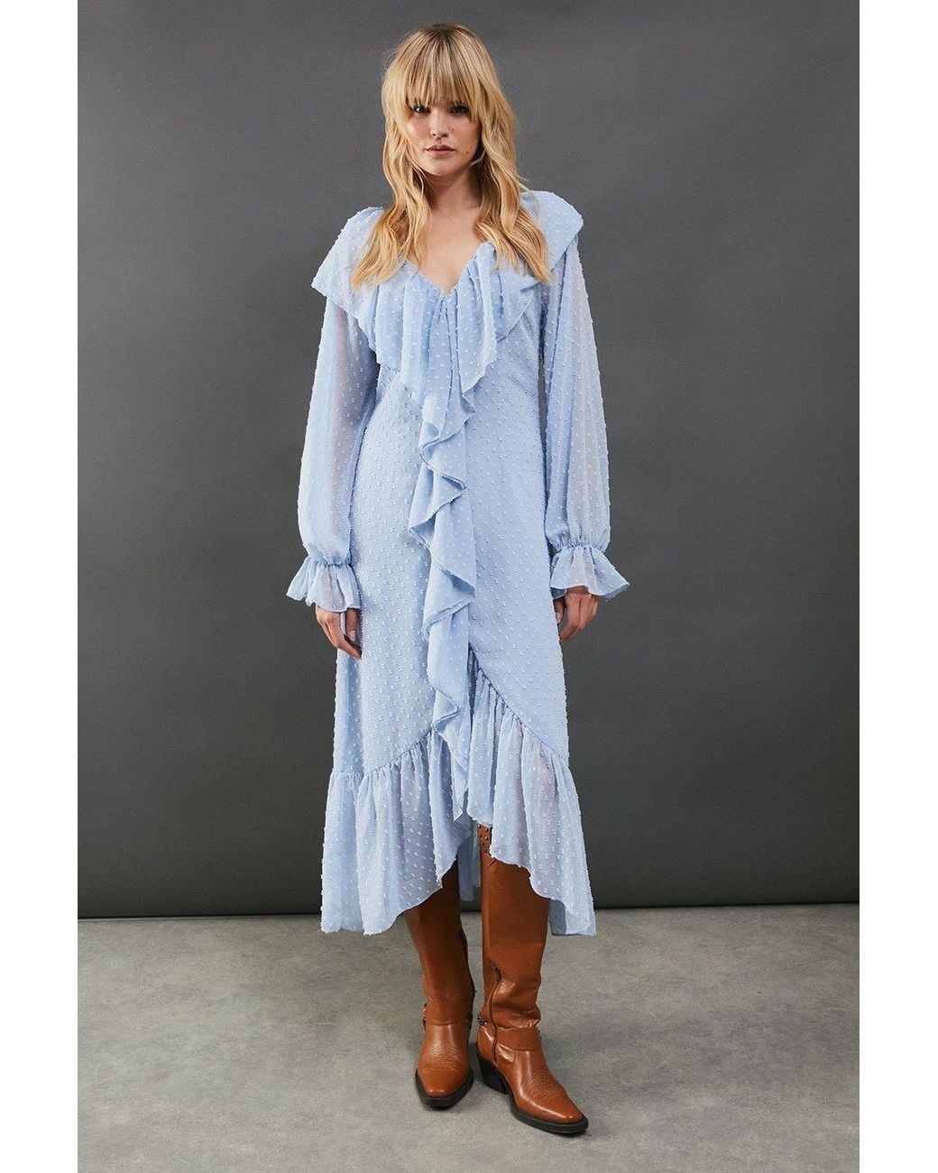 Warehouse Gray Dobby Chiffon Ruffle High Low Hem Midi Dress