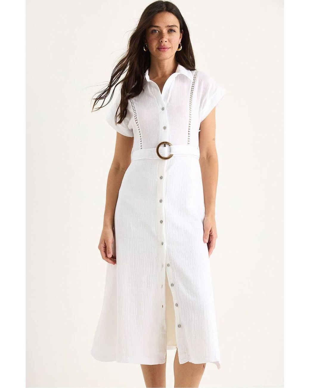 Bianco Lucci White Textured Cotton Midi Dress With Shirt Collar