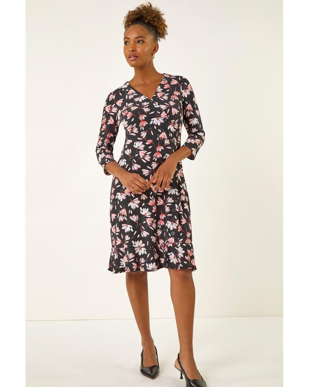 Roman Black Floral Print Midi Stretch Dress